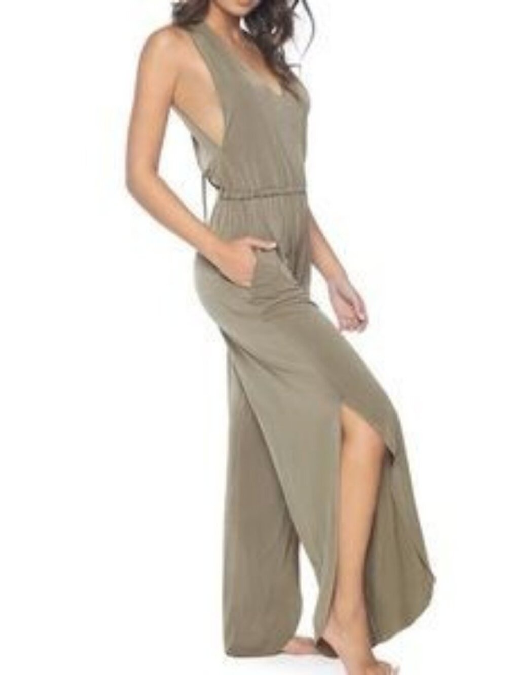 PilyQ Joanne Jumpsuit Swim Cover-up Green Open Slit Back V-Neck Wide Leg Size M